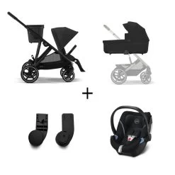 CYBEX Pack Trio Poussette Gazelle S - Chassis Noir + Nacelle Gazelle + Aton 5 + 2 Lots Adaptateurs - Moon Black